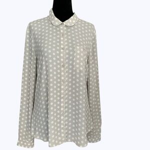 LOFT Grey White Polka Dot Silky Button Front Long Sleeve  Blouse SZ S